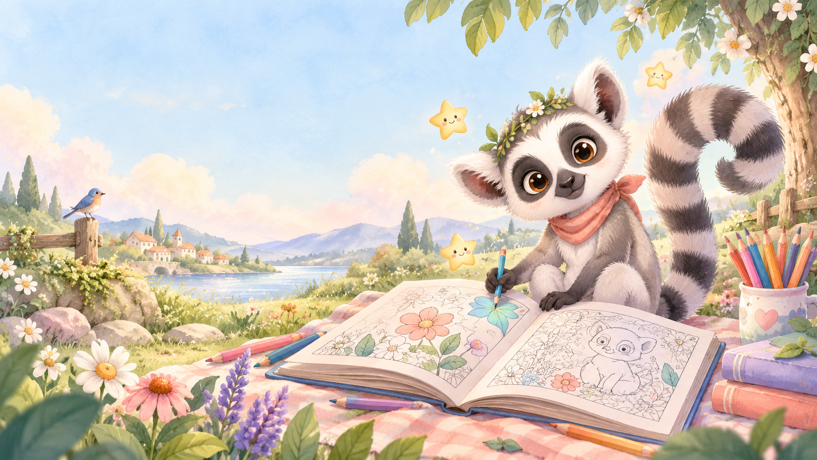 Lumi the lemur with a giant colouring book